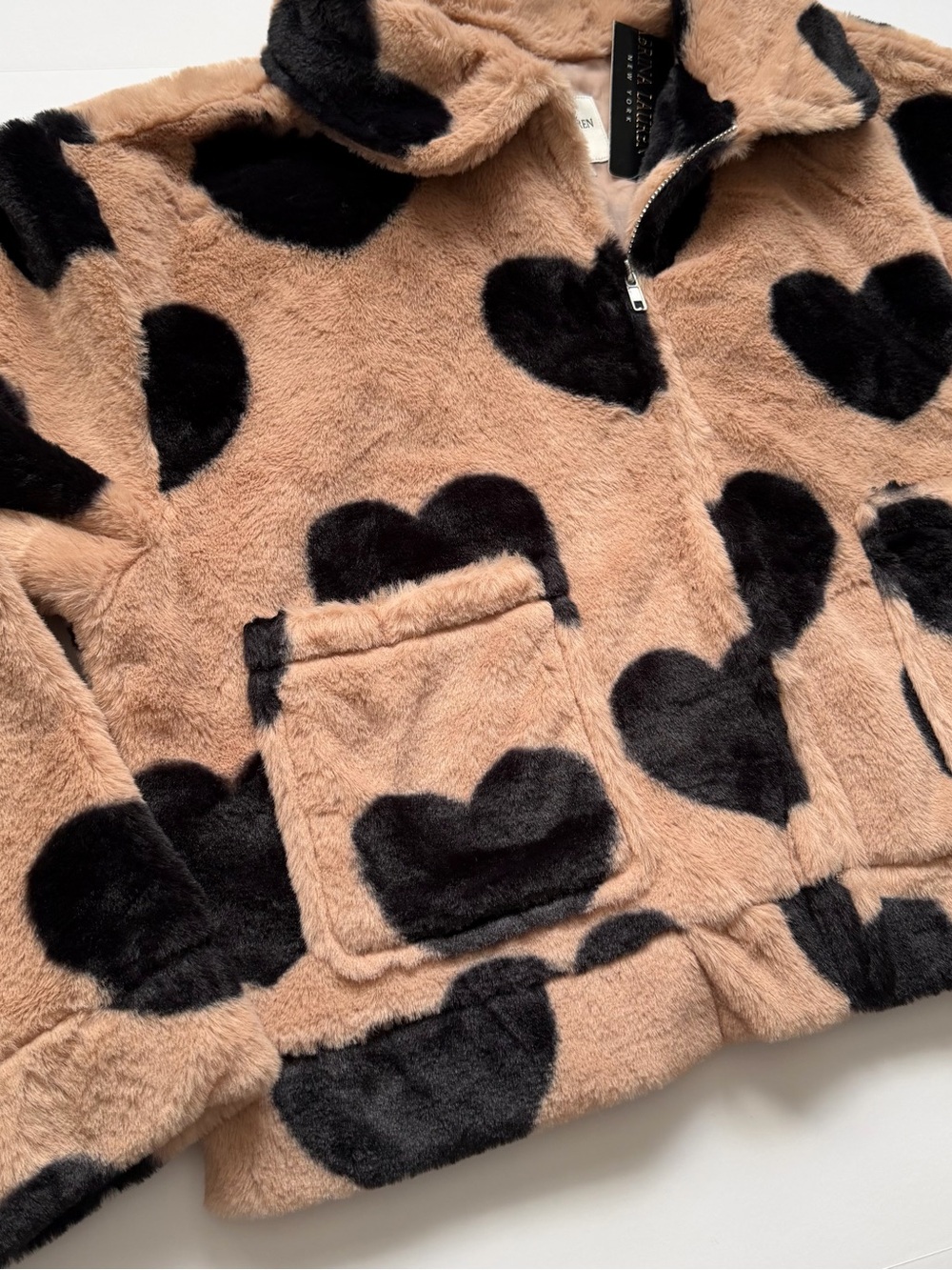 Coquette Y2K Teddy Heart Print Zip-Up Faux Fur Jacket, Size Medium